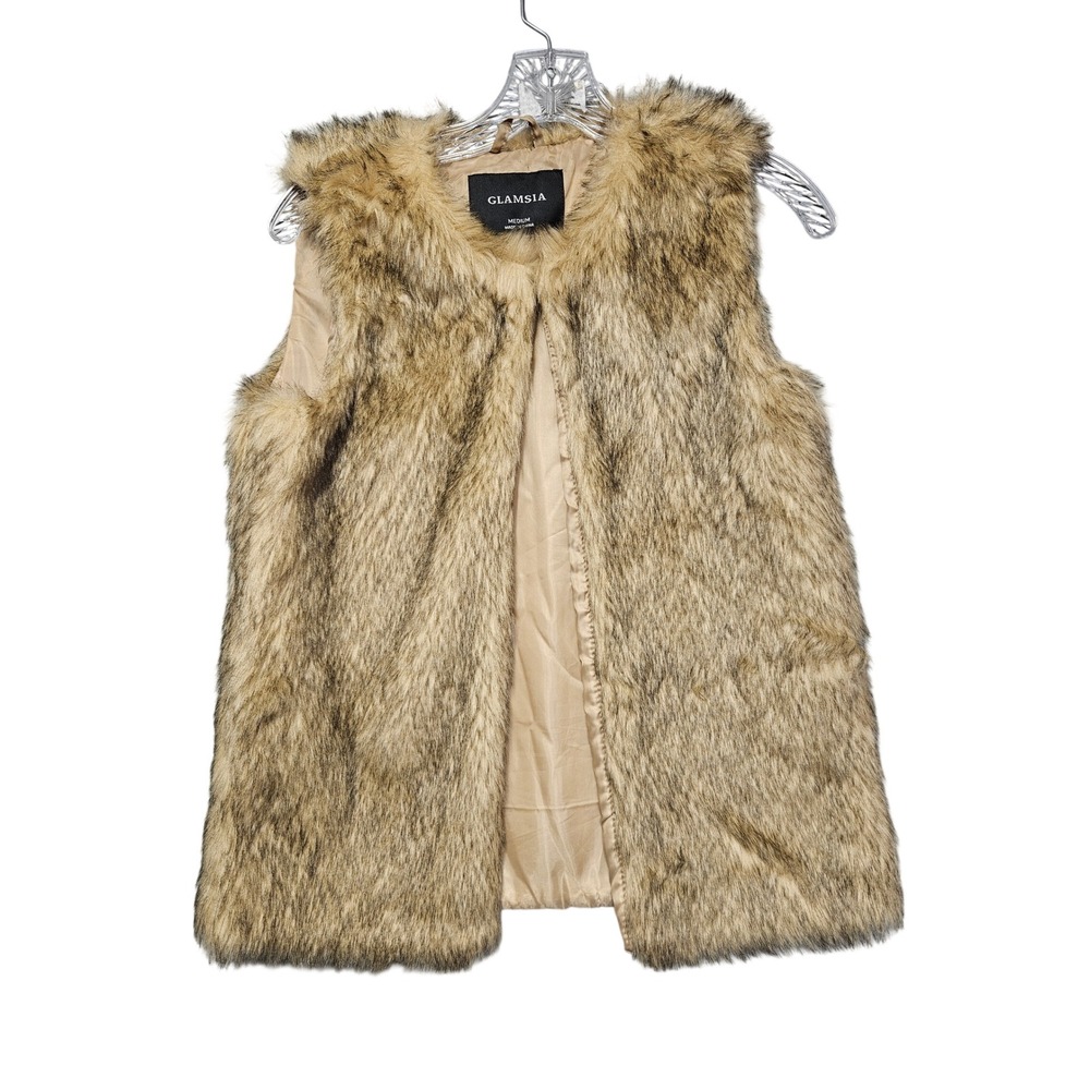 Glamsia Womens Faux Fur Vest Tan Brown Open Front Sleeveless Jacket Medium
